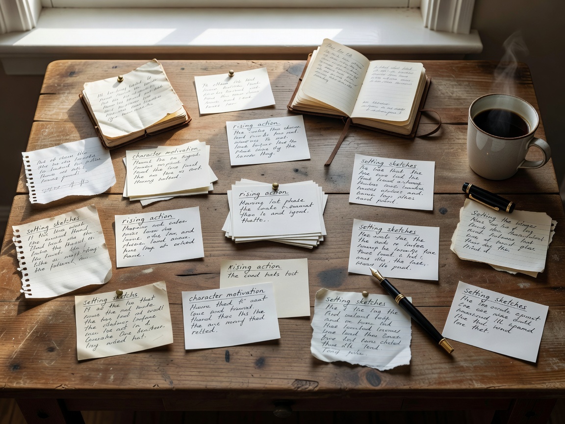 Handwritten story notes and scene cards arranged on a daylight-lit desk