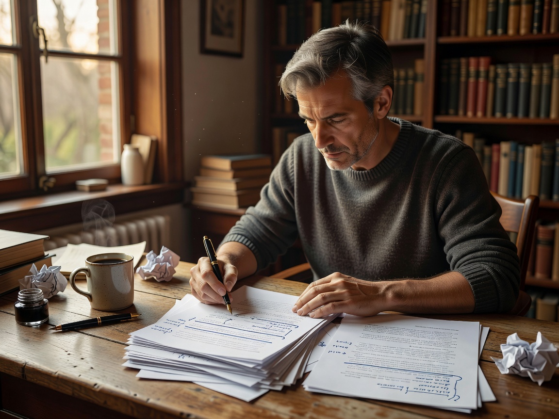Writer annotating a printed scene in natural light