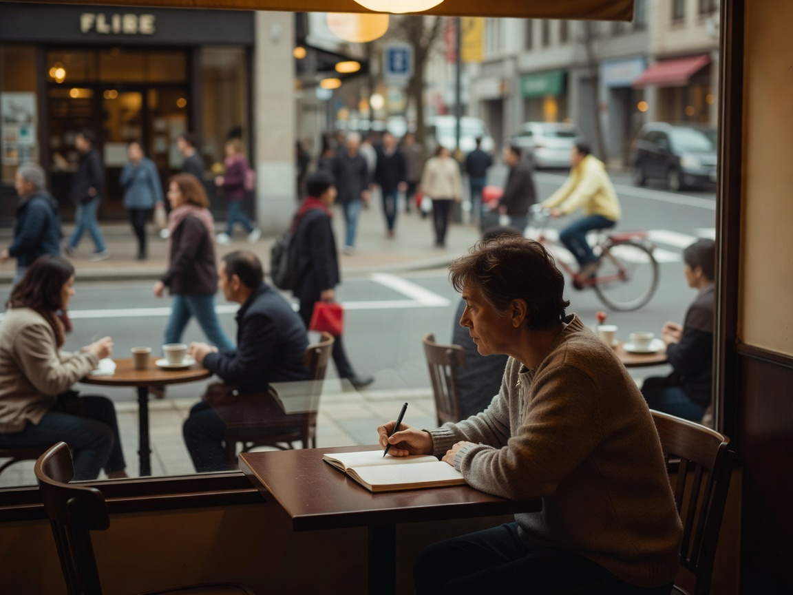 Notebook writer observing an everyday street scene from a café window