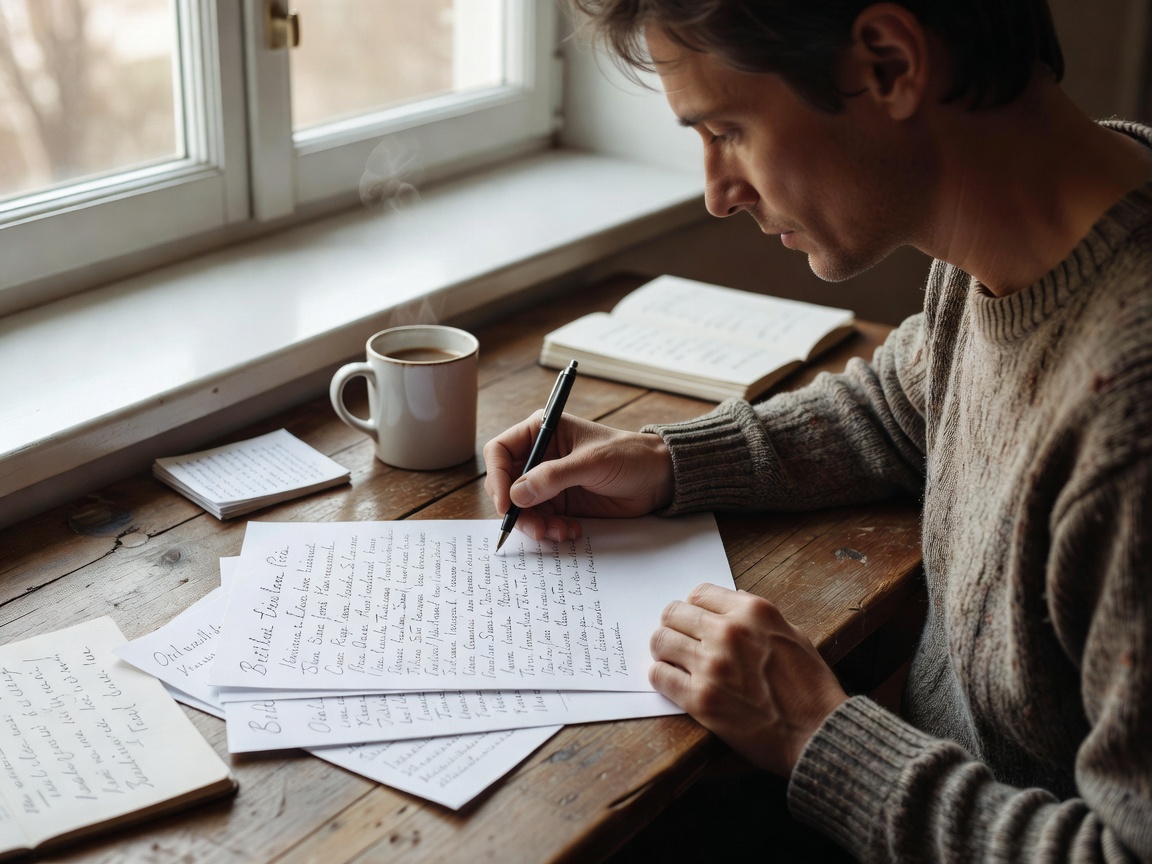 Writer reviewing an opening paragraph on paper beside a bright window